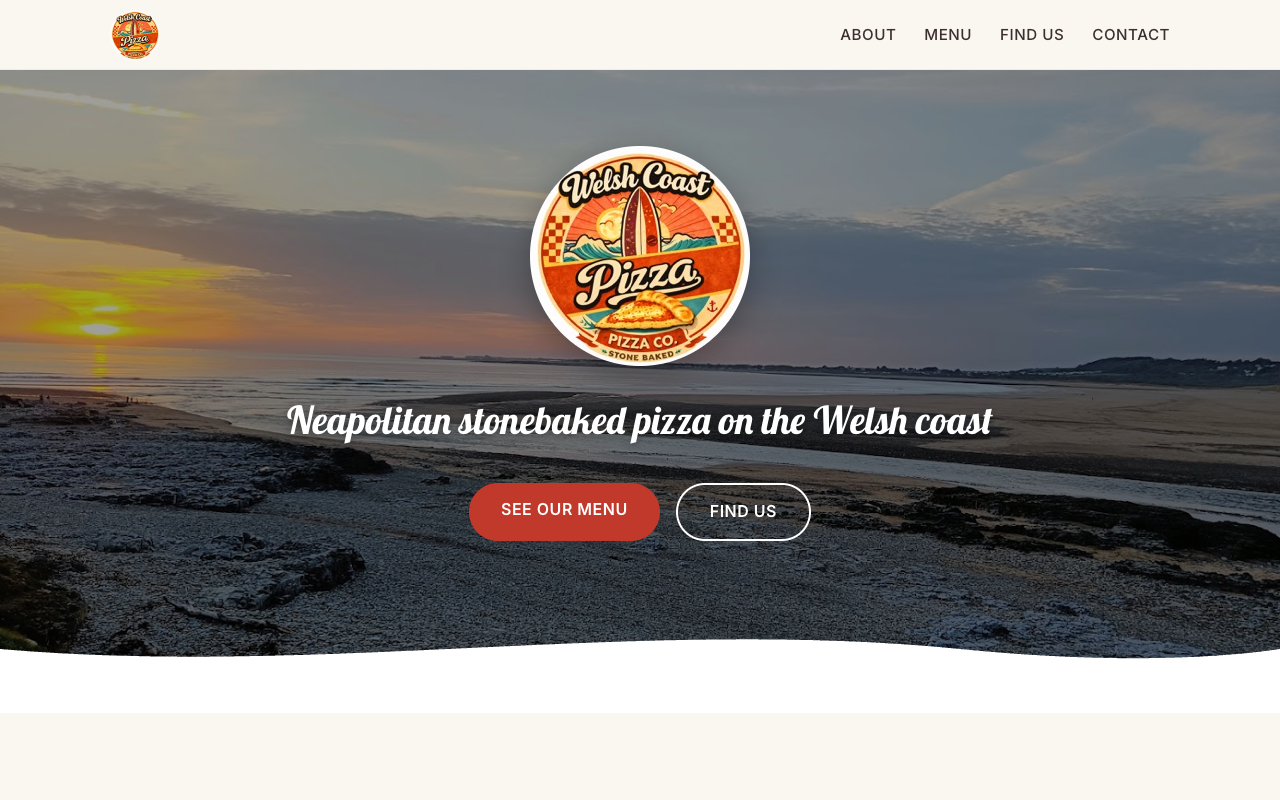 Welsh Coast Pizza Co. website — bold homepage showing menu and events for a wood-fired pizza company