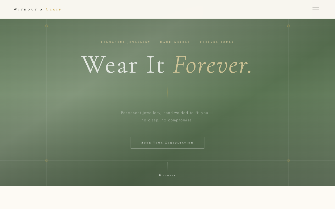 Without a Clasp permanent jewellery studio website — elegant editorial homepage showing pricing and booking